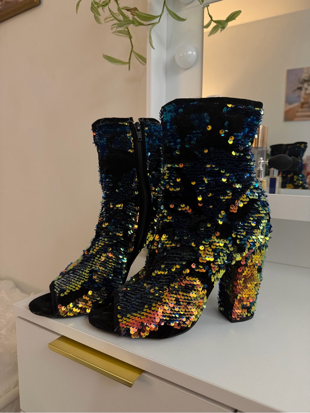 Call It Spring Black Multicolor Sequin Chunky Heel Ankle Boots
